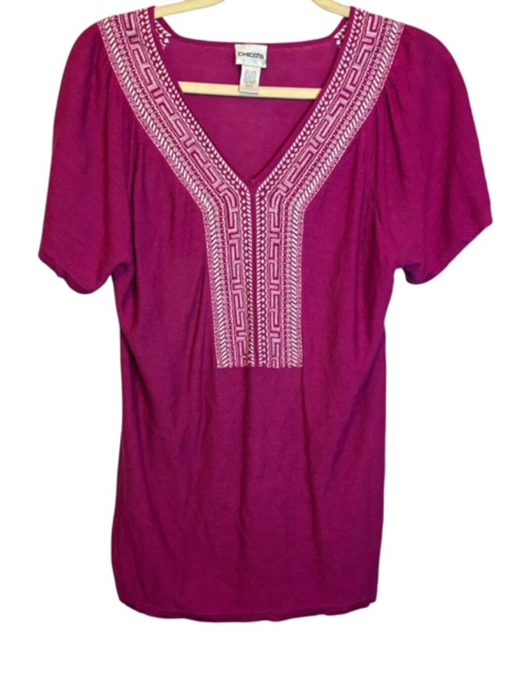 Chico's Blouse‎ Women's Large linen blend Embroidered Pink White Chicos 2